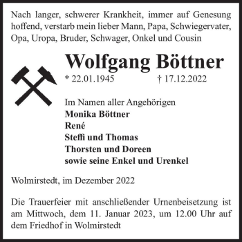 Traueranzeige von Wolfgang Böttner  von Magdeburger Volksstimme