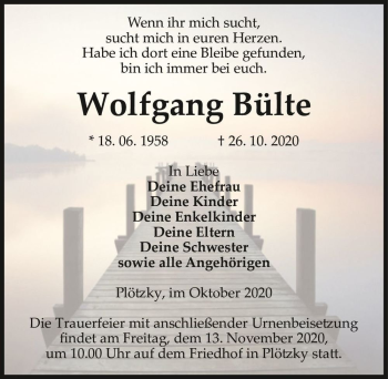 Traueranzeige von Wolfgang Bülte  von Magdeburger Volksstimme