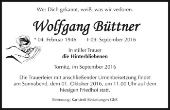 Traueranzeige von Wolfgang Büttner  von Magdeburger Volksstimme