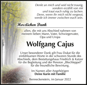 Traueranzeige von Wolfgang Cajus  von Magdeburger Volksstimme