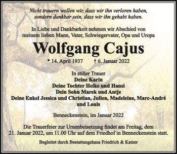 Traueranzeige von Wolfgang Cajus  von Magdeburger Volksstimme