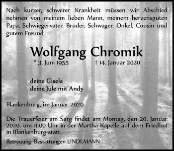 Traueranzeige von Wolfgang Chromik  von Magdeburger Volksstimme