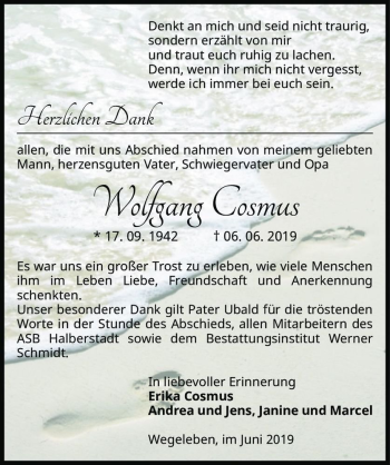 Traueranzeige von Wolfgang Cosmus  von Magdeburger Volksstimme