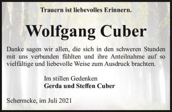 Traueranzeige von Wolfgang Cuber  von Magdeburger Volksstimme
