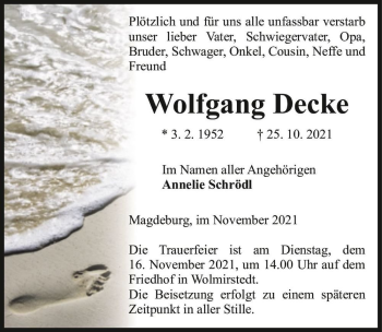 Traueranzeige von Wolfgang Decke  von Magdeburger Volksstimme