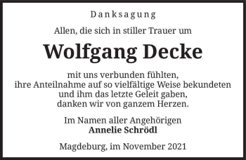 Traueranzeige von Wolfgang Decke  von Magdeburger Volksstimme