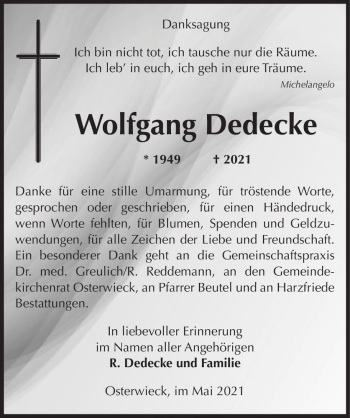 Traueranzeige von Wolfgang Dedecke  von Magdeburger Volksstimme
