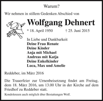 Traueranzeige von Wolfgang Dehnert  von Magdeburger Volksstimme