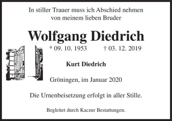 Traueranzeige von Wolfgang Diedrich  von Magdeburger Volksstimme