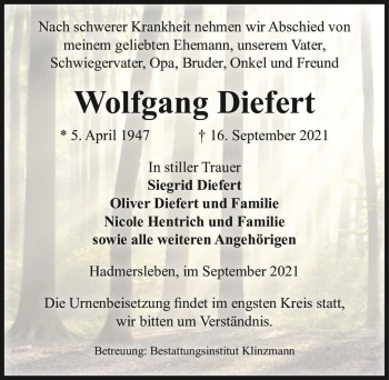 Traueranzeige von Wolfgang Diefert  von Magdeburger Volksstimme