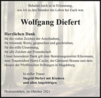 Traueranzeige von Wolfgang Diefert  von Magdeburger Volksstimme