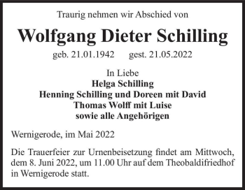 Traueranzeige von Wolfgang Dieter Schilling  von Magdeburger Volksstimme