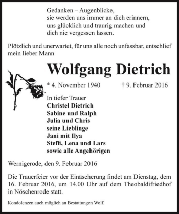 Traueranzeige von Wolfgang Dietrich  von Magdeburger Volksstimme
