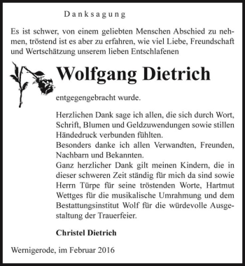 Traueranzeige von Wolfgang Dietrich  von Magdeburger Volksstimme