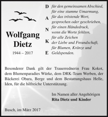 Traueranzeige von Wolfgang Dietz  von Magdeburger Volksstimme