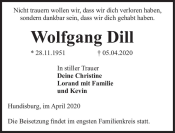 Traueranzeige von Wolfgang Dill  von Magdeburger Volksstimme