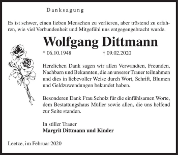 Traueranzeige von Wolfgang Dittmann  von Magdeburger Volksstimme