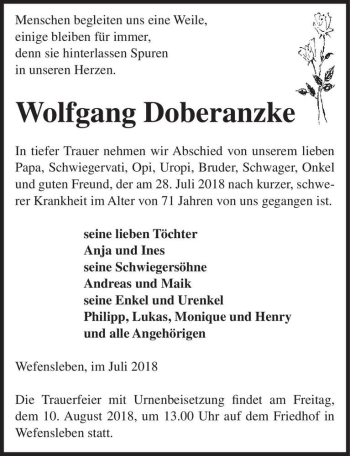 Traueranzeige von Wolfgang Doberanzke  von Magdeburger Volksstimme