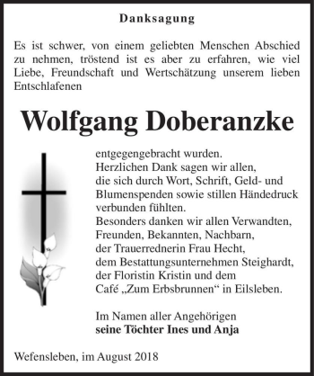 Traueranzeige von Wolfgang Doberanzke  von Magdeburger Volksstimme
