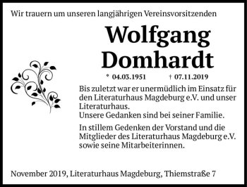 Traueranzeige von Wolfgang Domhardt  von Magdeburger Volksstimme