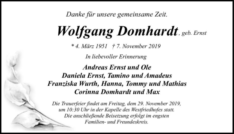  Traueranzeige für Wolfgang Domhardt (geb. Ernst)  vom 16.11.2019 aus Magdeburger Volksstimme