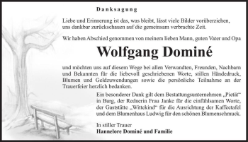 Traueranzeige von Wolfgang Dominé  von Magdeburger Volksstimme