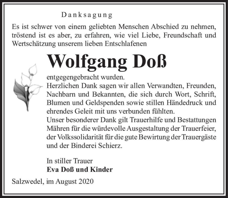  Traueranzeige für Wolfgang Doß  vom 02.09.2020 aus Magdeburger Volksstimme