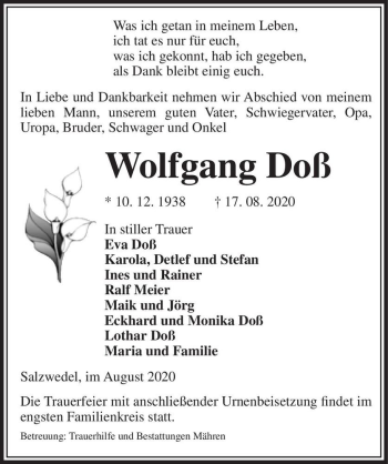 Traueranzeige von Wolfgang Doß  von Magdeburger Volksstimme