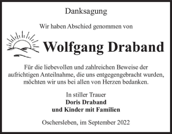 Traueranzeige von Wolfgang Draband  von Magdeburger Volksstimme