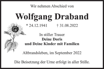 Traueranzeige von Wolfgang Draband  von Magdeburger Volksstimme
