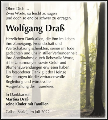 Traueranzeige von Wolfgang Draß  von Magdeburger Volksstimme