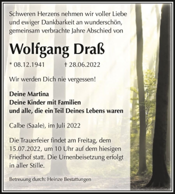 Traueranzeige von Wolfgang Draß  von Magdeburger Volksstimme