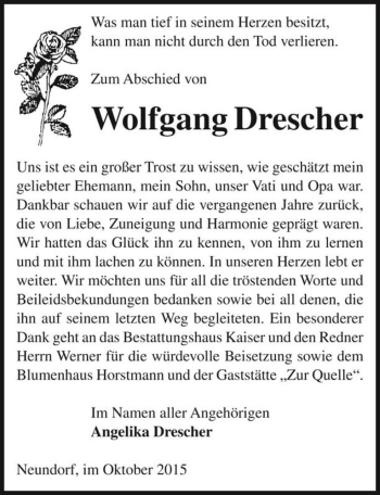 Traueranzeige von Wolfgang Drescher  von Magdeburger Volksstimme