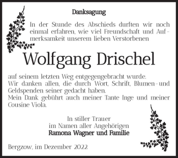 Traueranzeige von Wolfgang Drischel  von Magdeburger Volksstimme