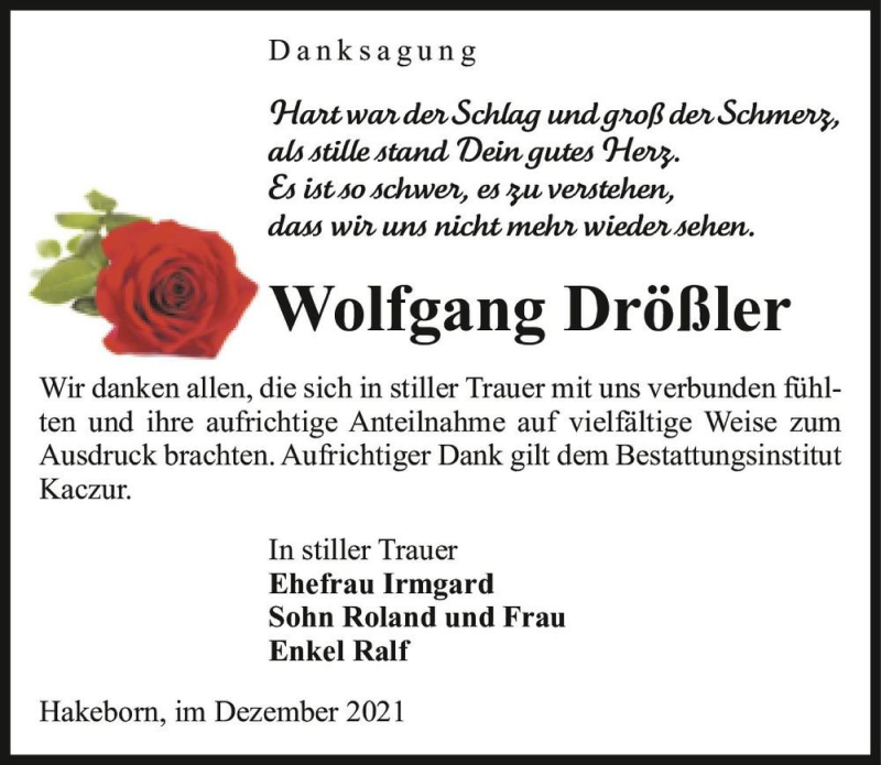  Traueranzeige für Wolfgang Drößler  vom 17.12.2021 aus Magdeburger Volksstimme