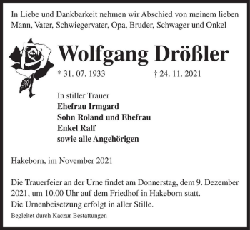 Traueranzeige von Wolfgang Drößler  von Magdeburger Volksstimme