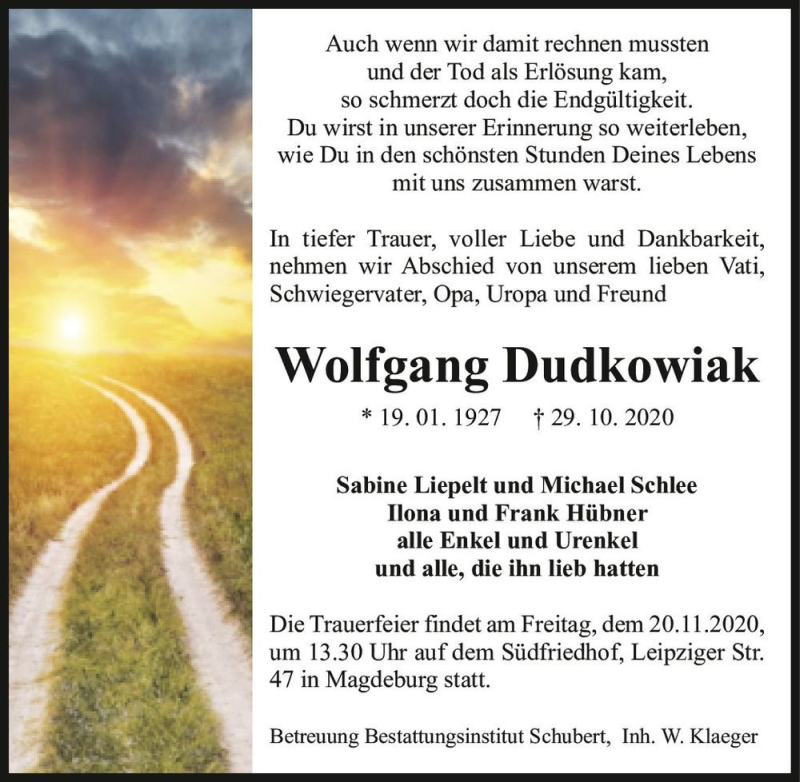  Traueranzeige für Wolfgang Dudkowiak  vom 14.11.2020 aus Magdeburger Volksstimme