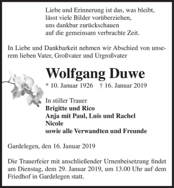 Traueranzeige von Wolfgang Duwe  von Magdeburger Volksstimme