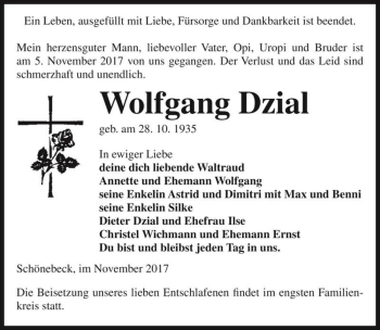 Traueranzeige von Wolfgang Dzial  von Magdeburger Volksstimme