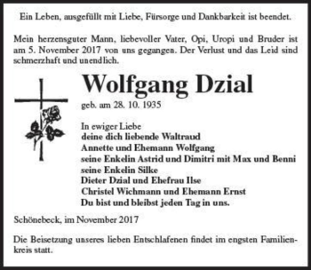 Traueranzeige von Wolfgang Dzial  von Magdeburger Volksstimme
