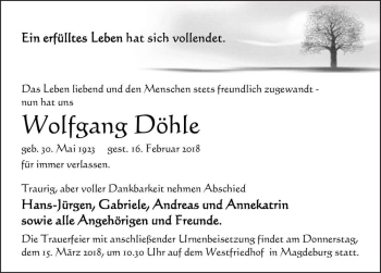 Traueranzeige von Wolfgang Döhle  von Magdeburger Volksstimme