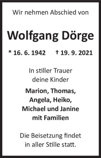 Traueranzeige von Wolfgang Dörge  von Magdeburger Volksstimme
