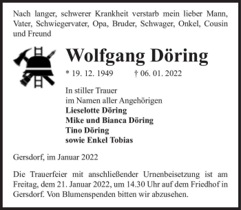 Traueranzeige von Wolfgang Döring  von Magdeburger Volksstimme