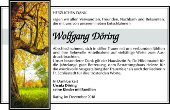 Traueranzeige von Wolfgang Döring  von Magdeburger Volksstimme