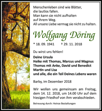 Traueranzeige von Wolfgang Döring  von Magdeburger Volksstimme