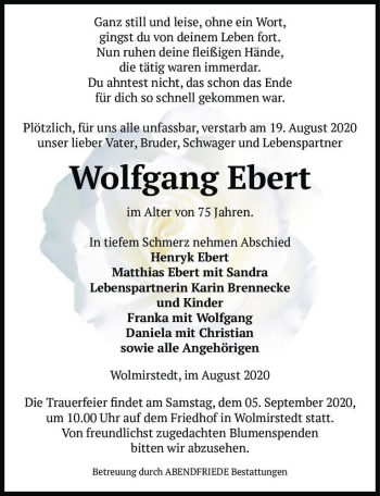Traueranzeige von Wolfgang Ebert  von Magdeburger Volksstimme