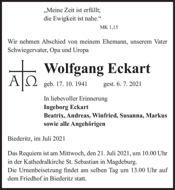Traueranzeige von Wolfgang Eckart  von Magdeburger Volksstimme