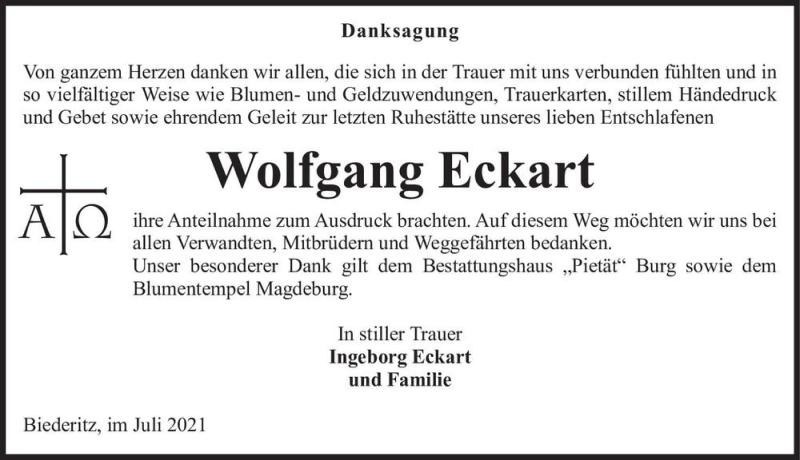  Traueranzeige für Wolfgang Eckart  vom 31.07.2021 aus Magdeburger Volksstimme