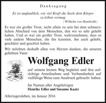 Traueranzeige von Wolfgang Edler  von Magdeburger Volksstimme