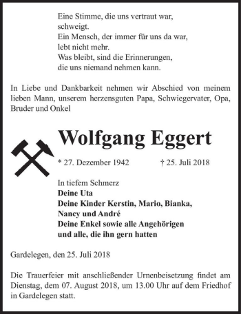 Traueranzeige von Wolfgang Eggert  von Magdeburger Volksstimme